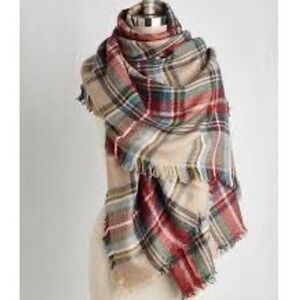 ModCloth Blanket‎ Scarf OS Tan Red Green Plaid Preppy Academic Oversized Wrap